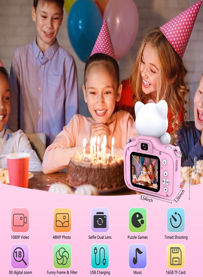 كاميرا أطفال للبنات والأولاد، بدقة 1080 بكسل وتقريب رقمي 8x، مناسبة للأطفال من عمر 3 إلى 8 سنوات، بدقة 48 ميجابكسل، هدية مثالية لأعياد الميلاد والكريسماس، مع غطاء سيليكون وبطاقة ذاكرة TF سعة 16 جيجابايت، لون وردي. - Image 2
